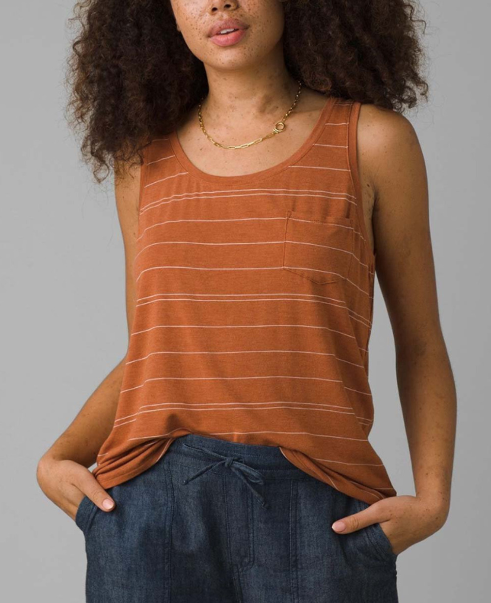 prAna Womens Foundation Scoop Neck Tank Top Large Copper Stripe Orange NWT